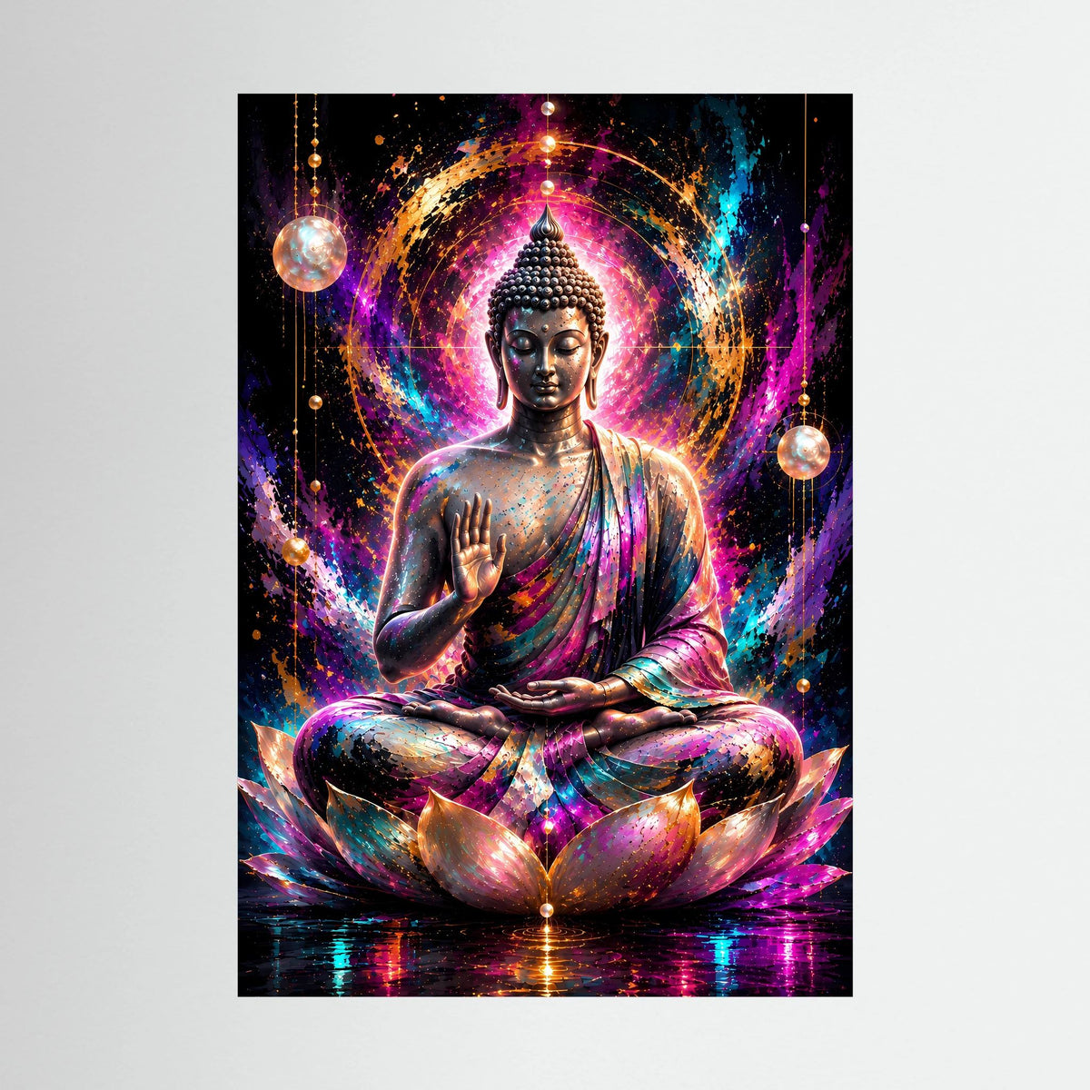 Spirituelles Buddha-Poster: Buddha im Lotussitz, neonfarben, goldene Highlights, schwarzer Rahmen