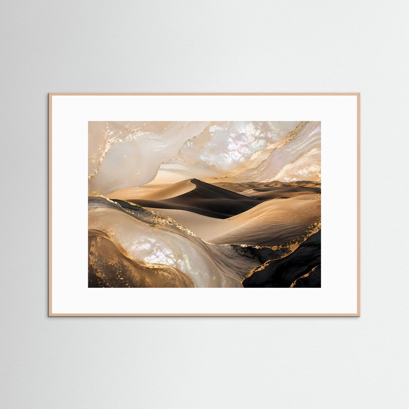 Wüstenlandschaft-Poster im goldbraunen Rahmen mit beigen Sanddünen und dunkler Düne