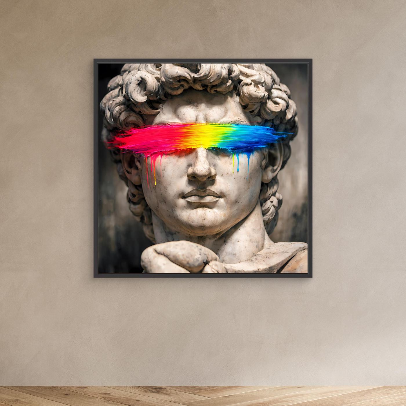 Leinwandbild mit David-Statue und Regenbogen-Farbbalken, dunkler Rahmen