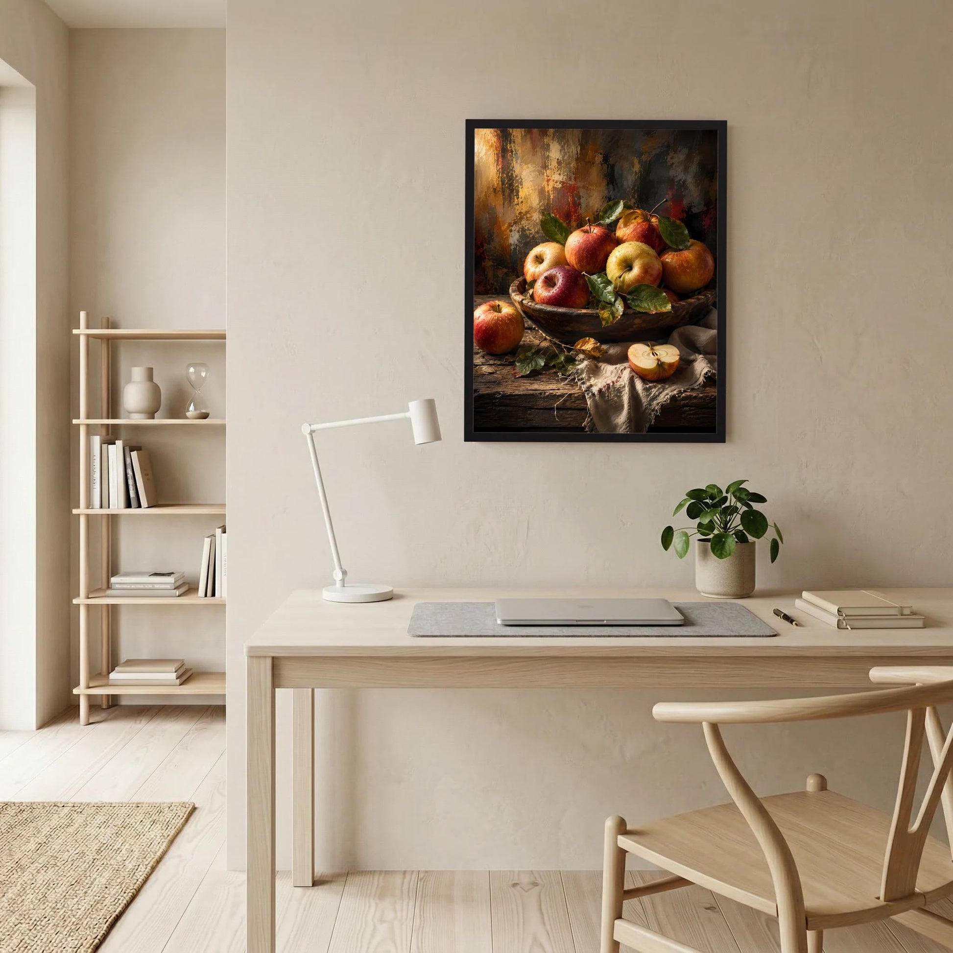 Wandposter im Hochformat mit Apfel-Stillleben im schwarzen Rahmen