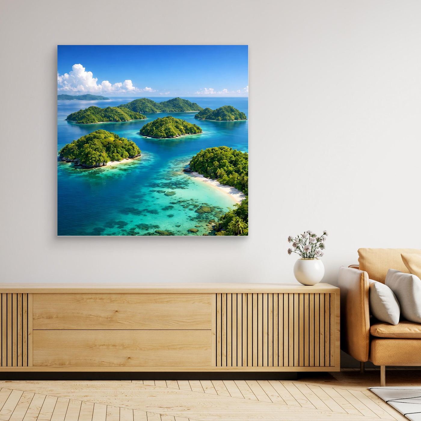 Leinwandbild tropisches Inselpanorama mit türkisblauem Meer und Inselhügeln, ohne Rahmen