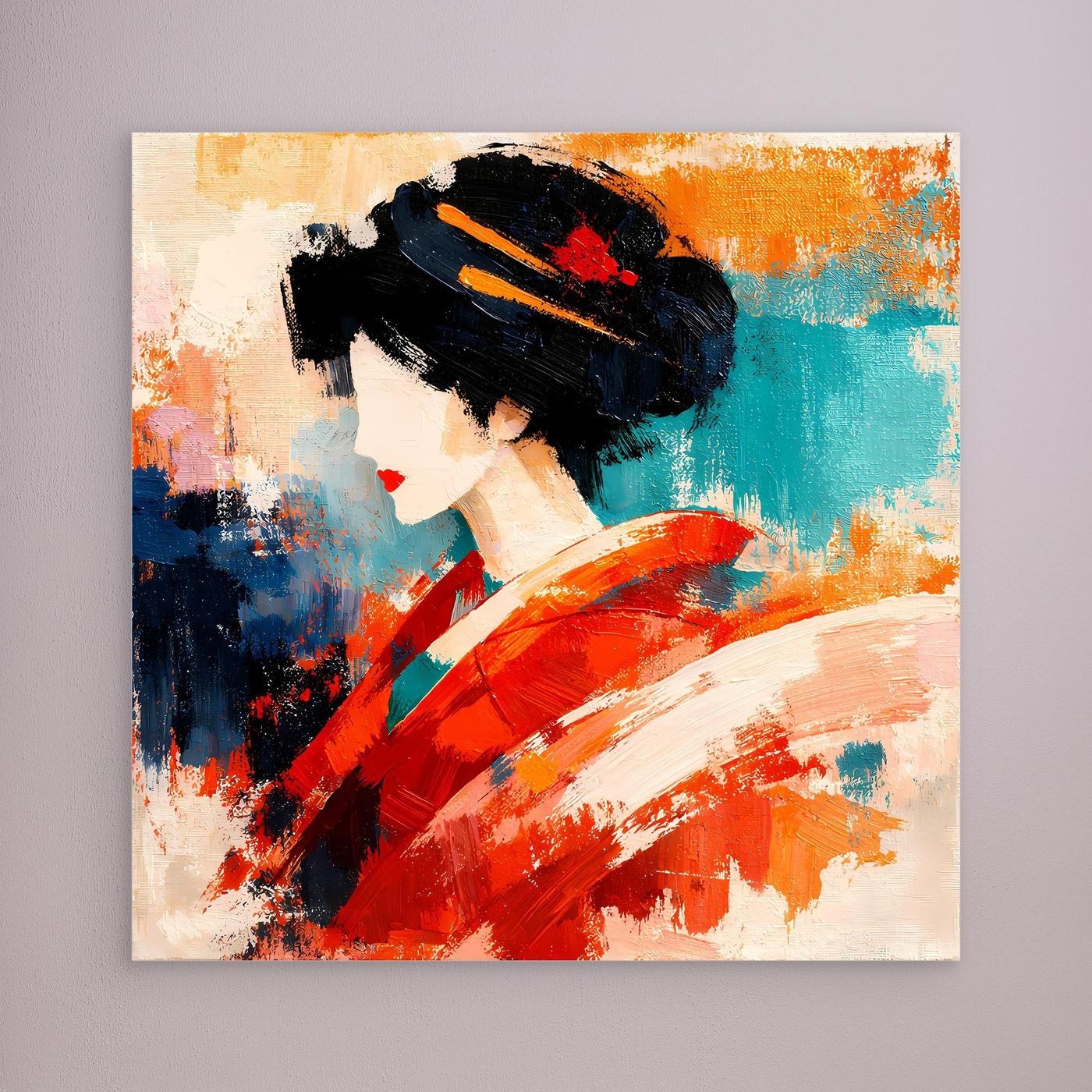 Geisha portrait wall art without frame, black hair and red brushstrokes on teal