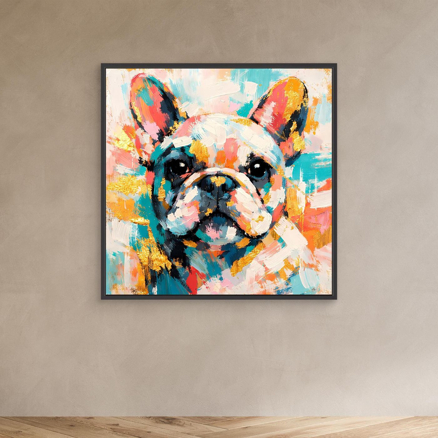 Leinwandbild mit abstrakter Französischer Bulldogge, buntes Hundeporträt im schwarzen Rahmen