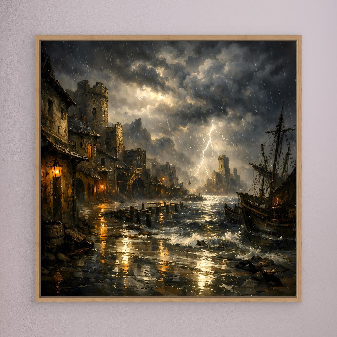 Leinwandbild mit Gewitter über dem Hafen: Blitzstrahl, stürmische Wellen, goldbraune Holzumrandung