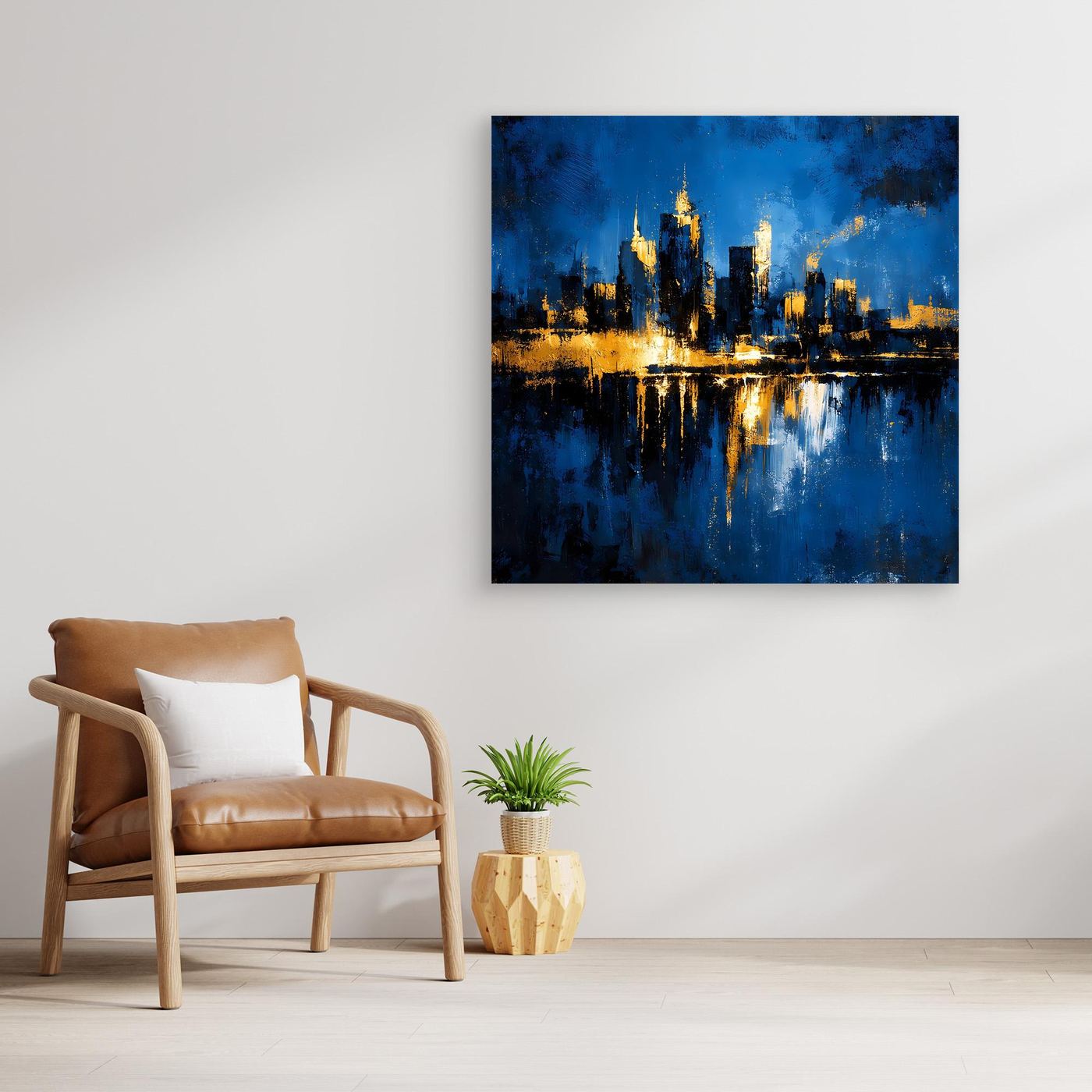 Leinwand Goldene Skyline bei Nacht | Modernes Abstraktes New York Wandbild