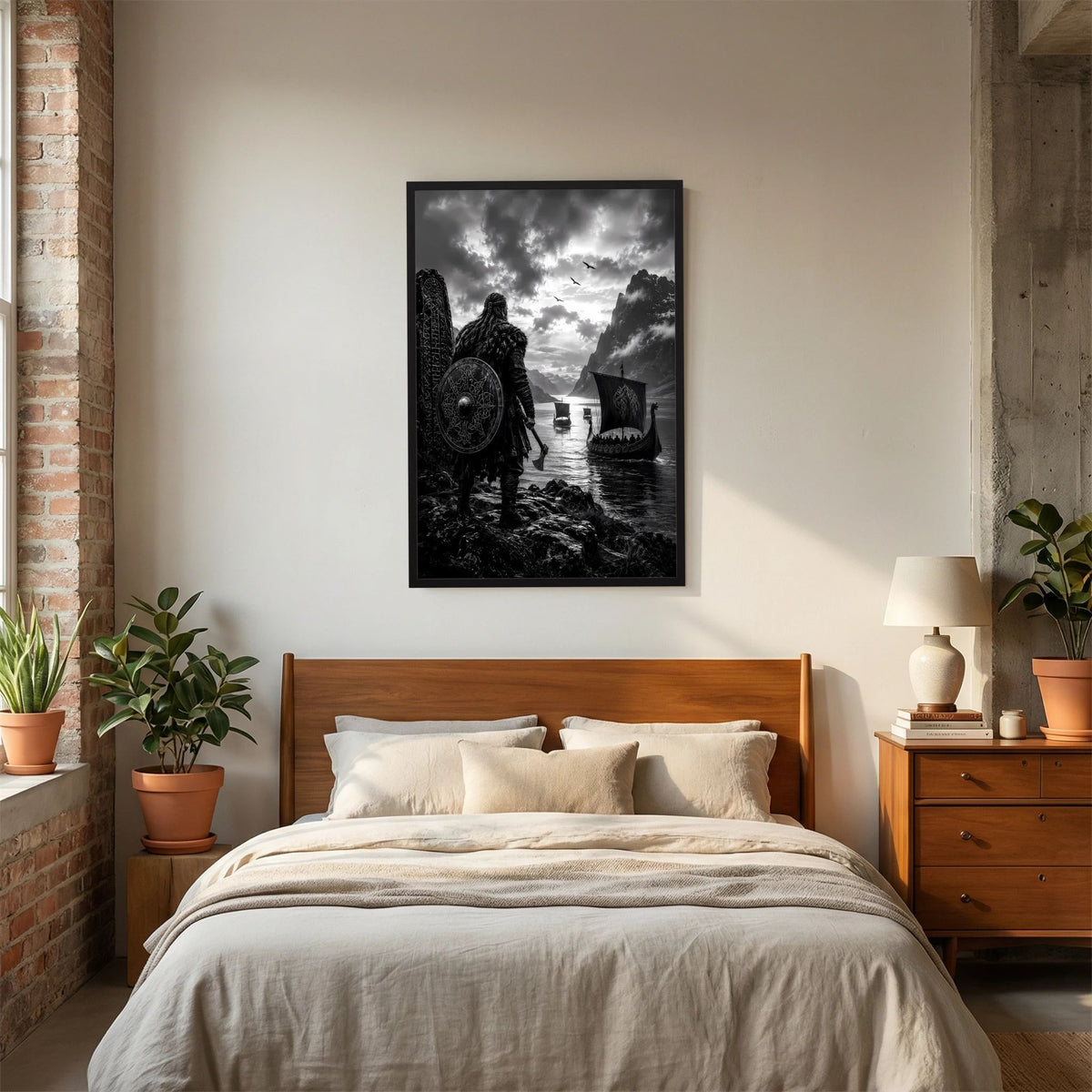 Gerahmtes Poster im Hochformat: Wikinger-Krieger mit Rundschild am Wasser, Schwarzweiß