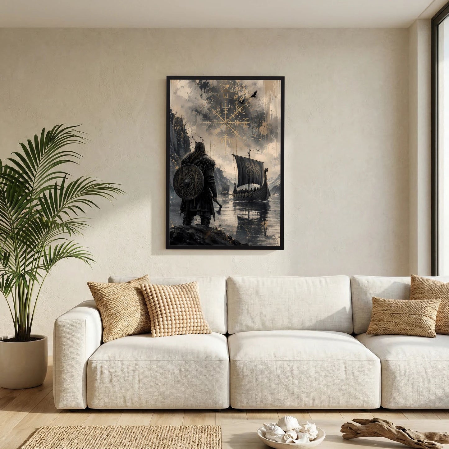 Wandposter im Hochformat mit Wikinger-Motiv: Krieger, Langschiff und Runen
