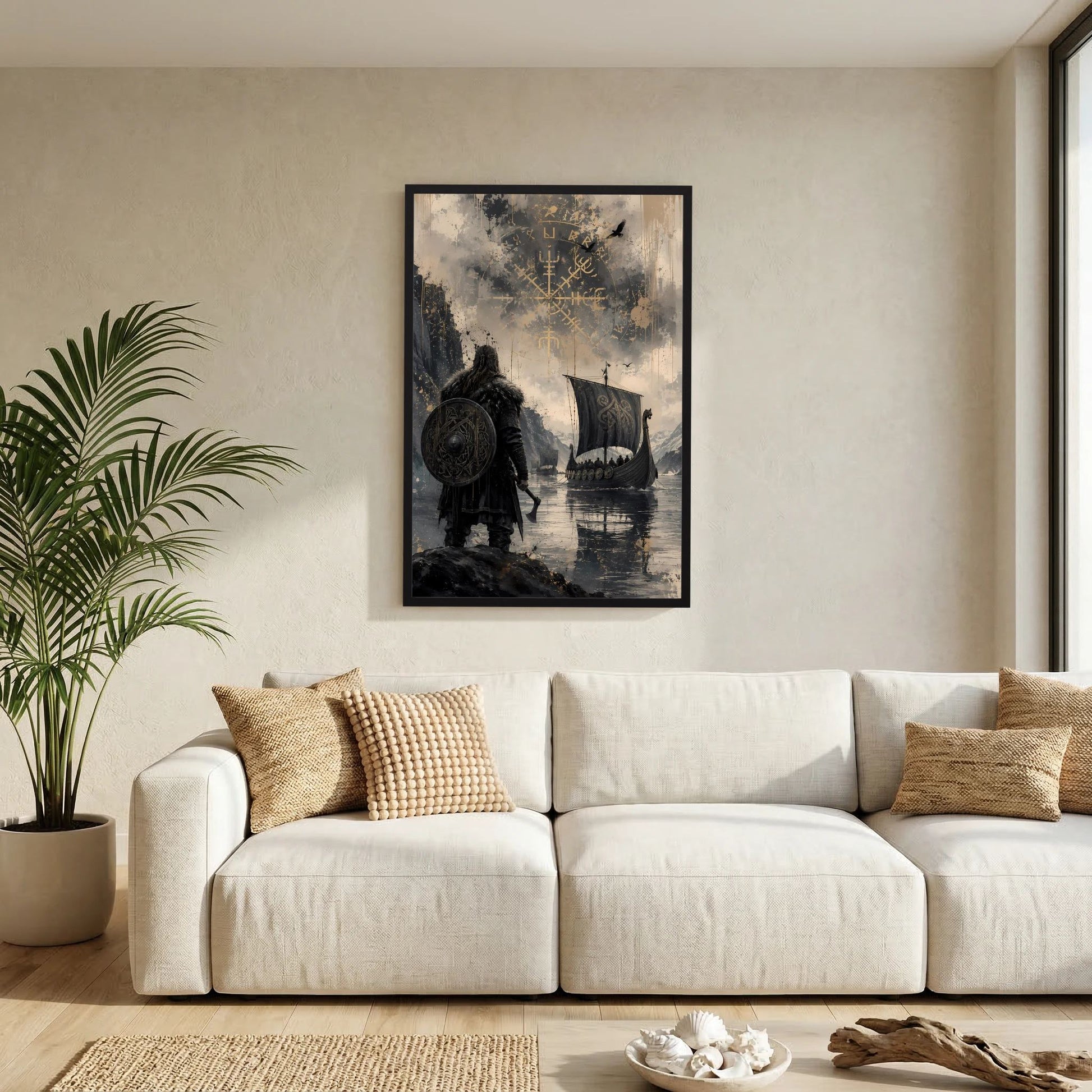 Wandposter im Hochformat mit Wikinger-Motiv: Krieger, Langschiff und Runen