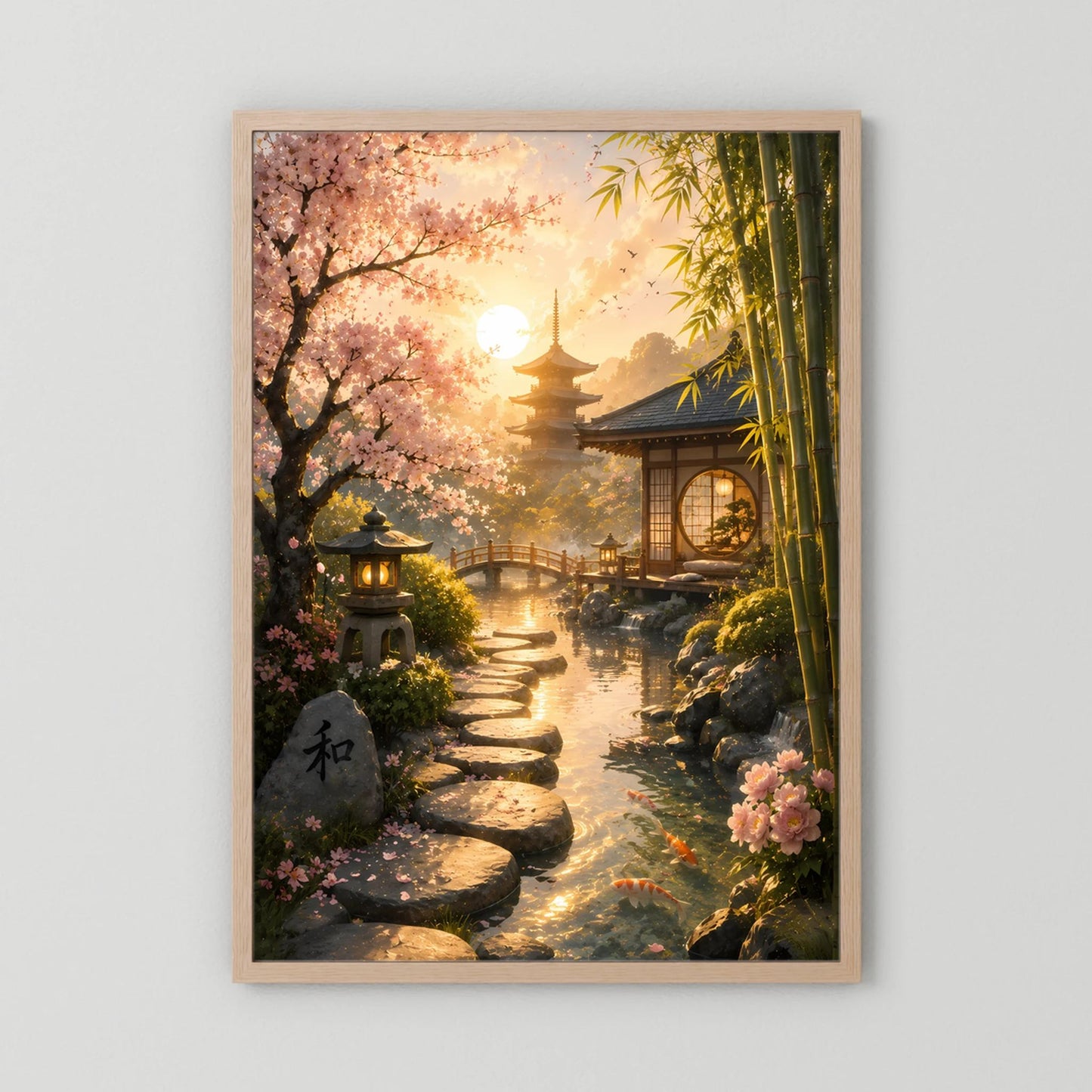 Hochformat-Poster Zen-Garten mit Kirschblüten und Bambus, goldiges Licht auf Steintreppe, Holzrahmen