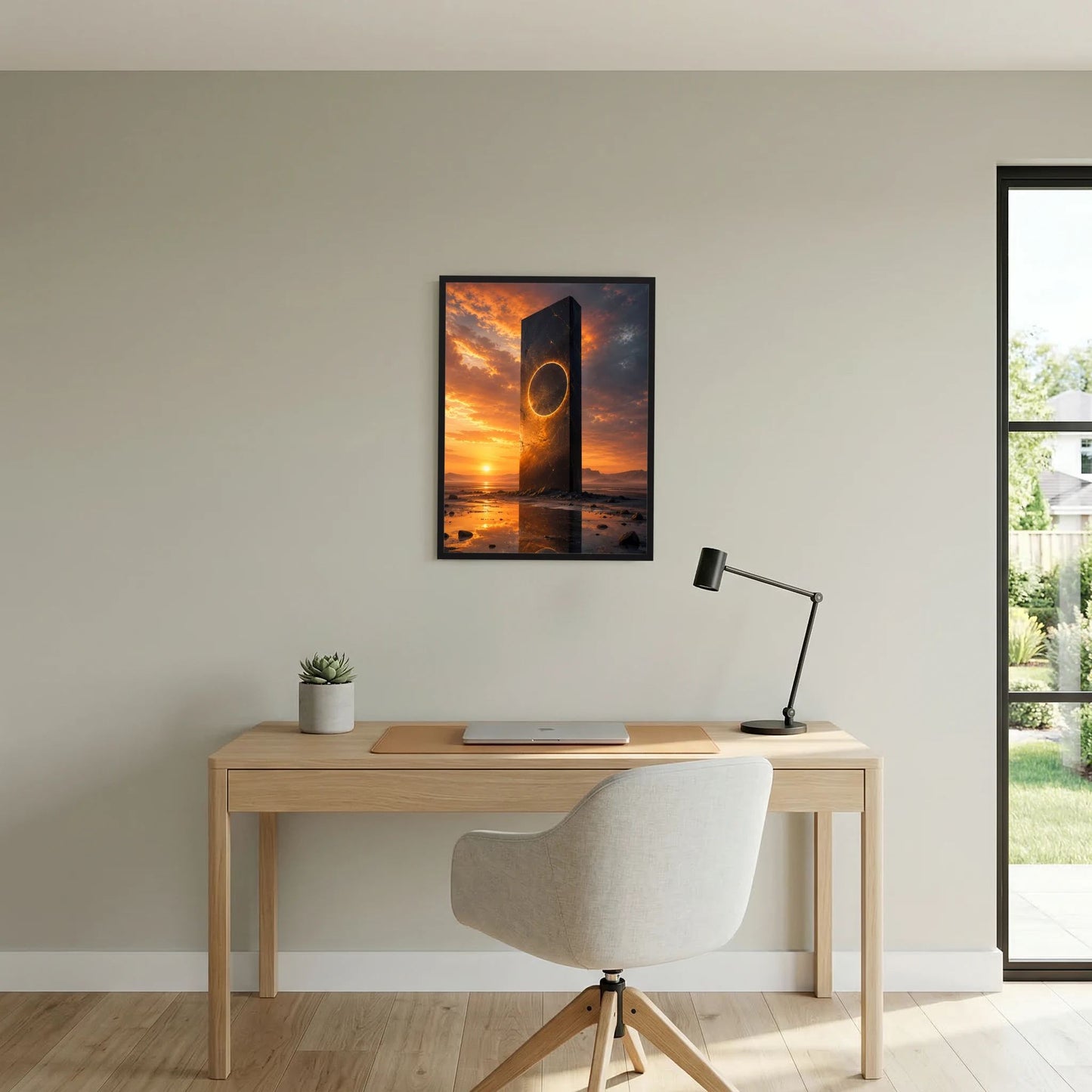 Hochformatiges Poster: schwarzer Monolith mit goldener Kreisöffnung, Sonnenuntergang am ruhigen Meer
