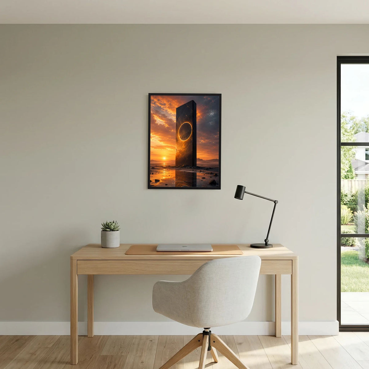 Hochformatiges Poster: schwarzer Monolith mit goldener Kreisöffnung, Sonnenuntergang am ruhigen Meer