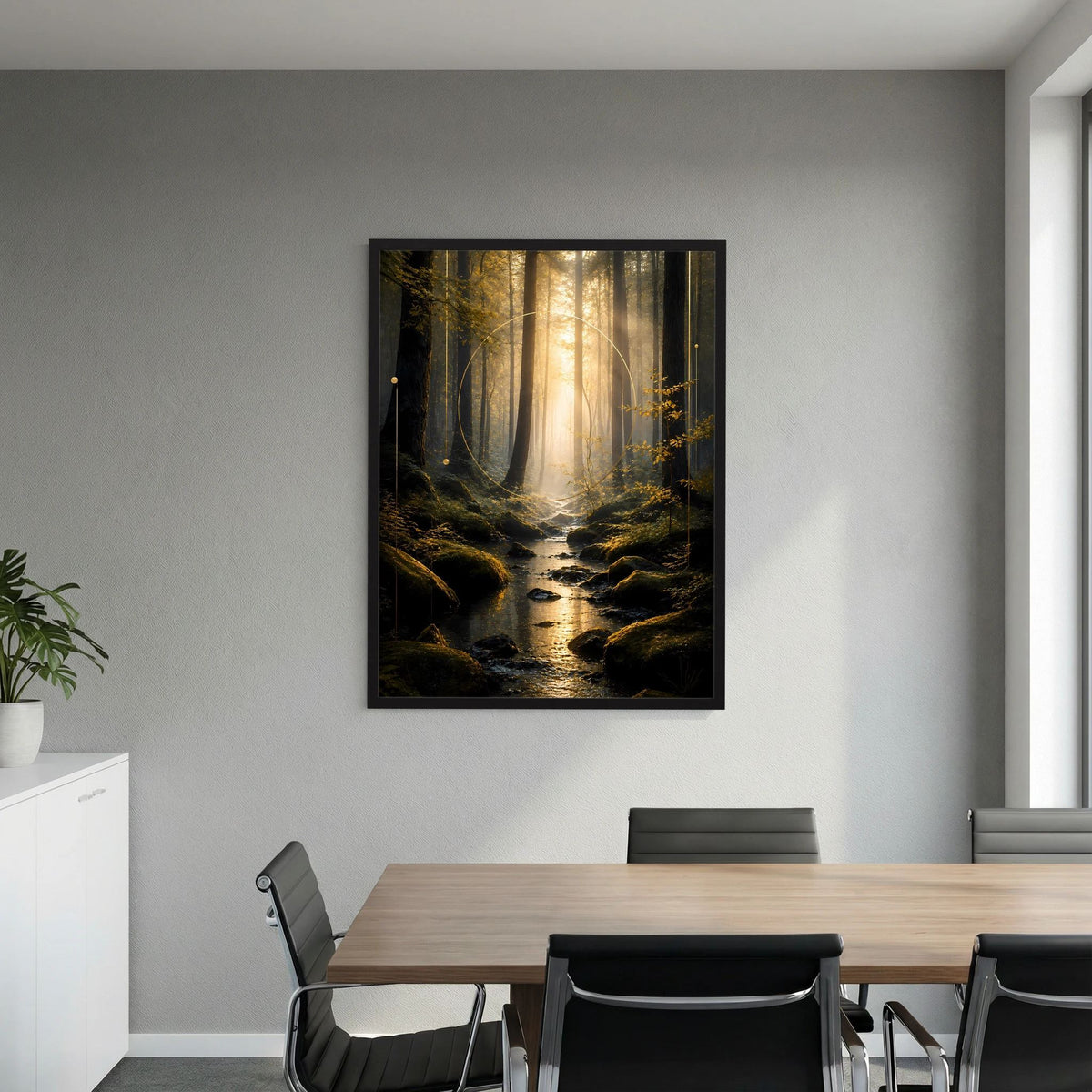 Hochformatiges Poster im schwarzen Rahmen: dunkler Wald mit goldenen Lichtstreifen über Bach