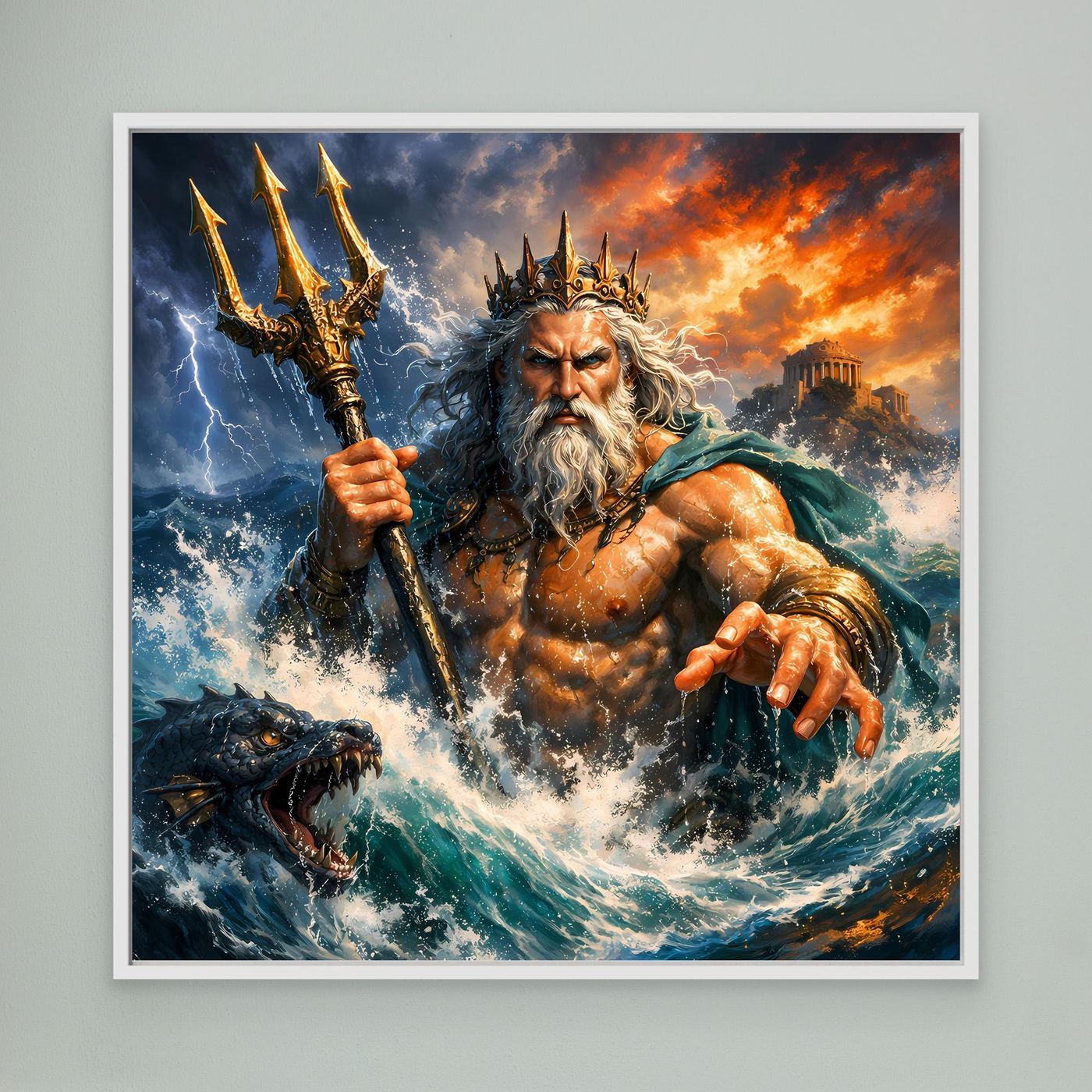 Leinwand Monumentaler Poseidon im Wellenrausch | Mythisches Meeresgott Wandbild