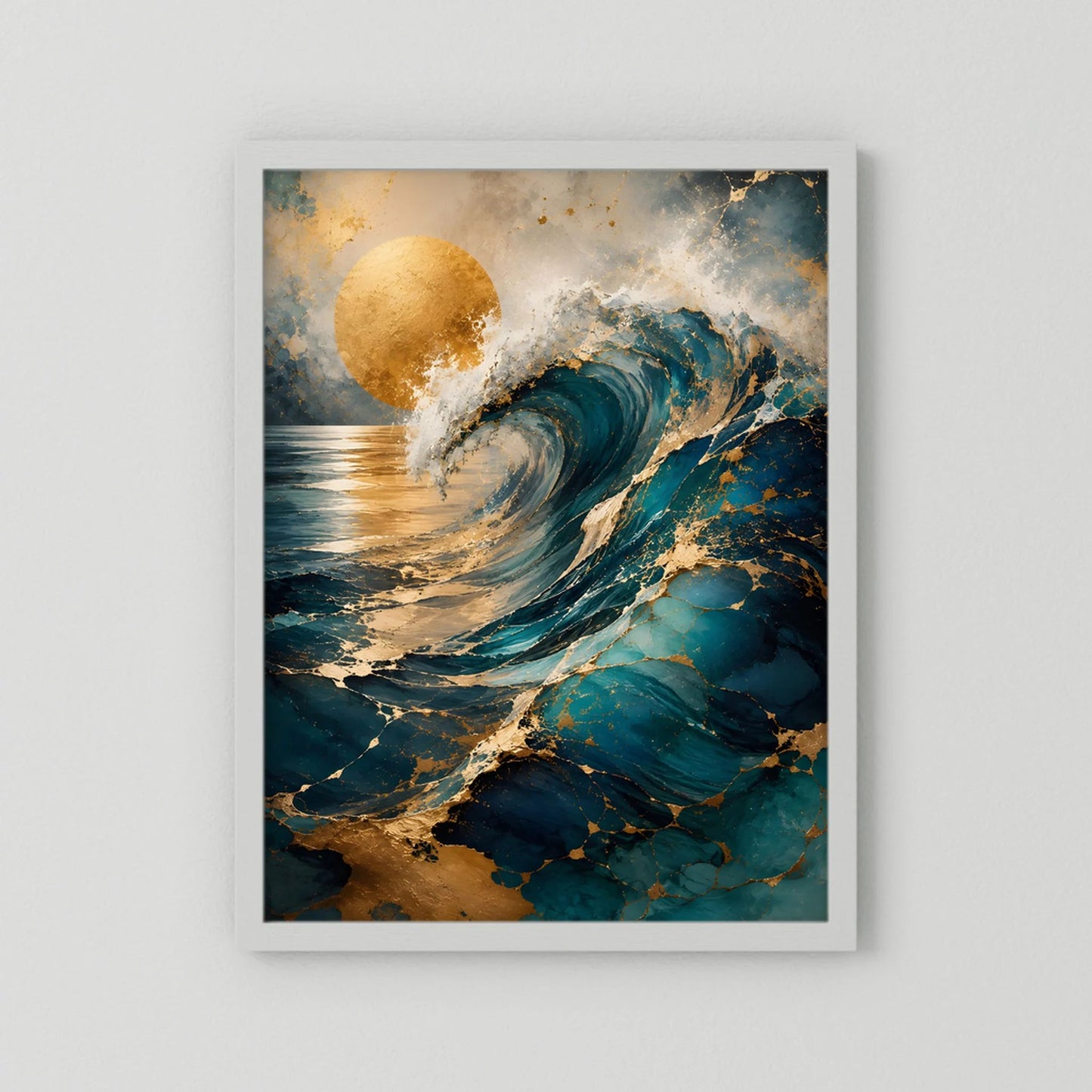 Kunstposter „Goldene Welle“ mit weißer Einfassung: abstrakte Welle in Petrol/Türkis, goldene Sonne