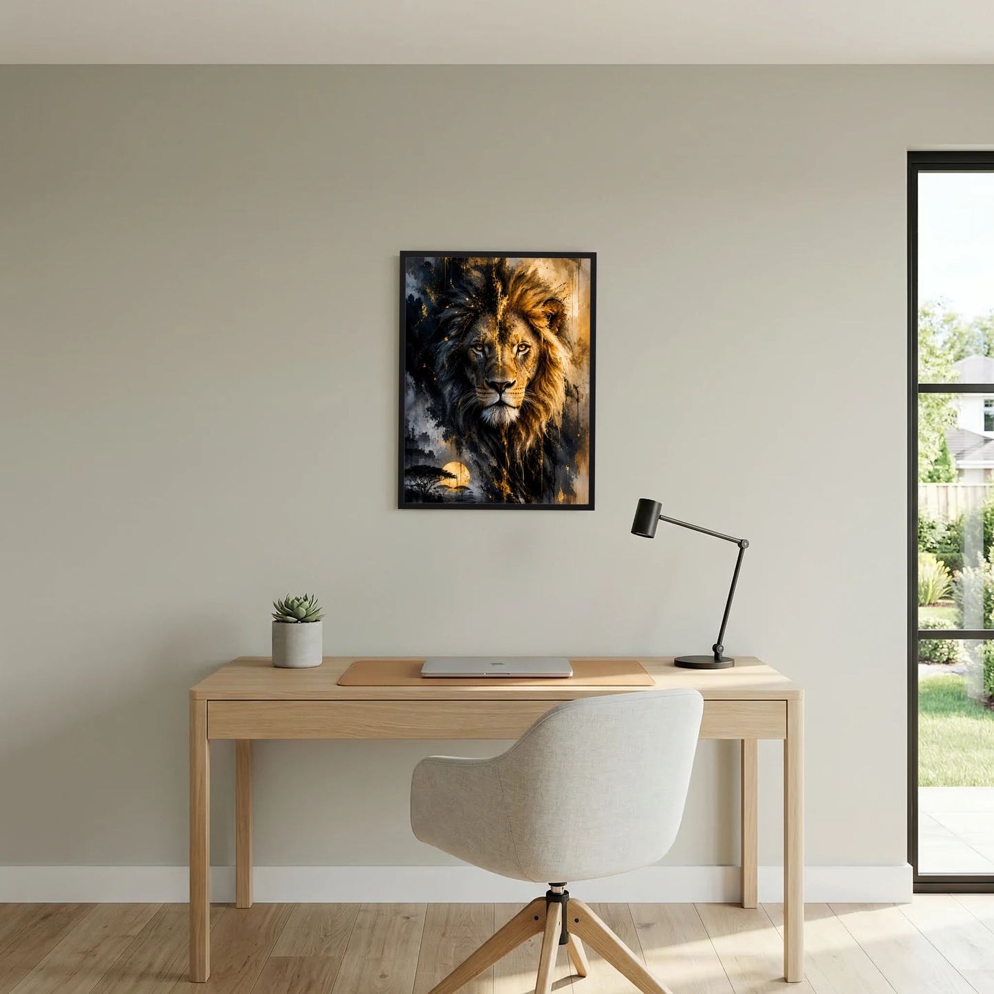 Gerahmtes Löwenposter im Hochformat mit goldenen Lichtakzenten und dunklem Hintergrund