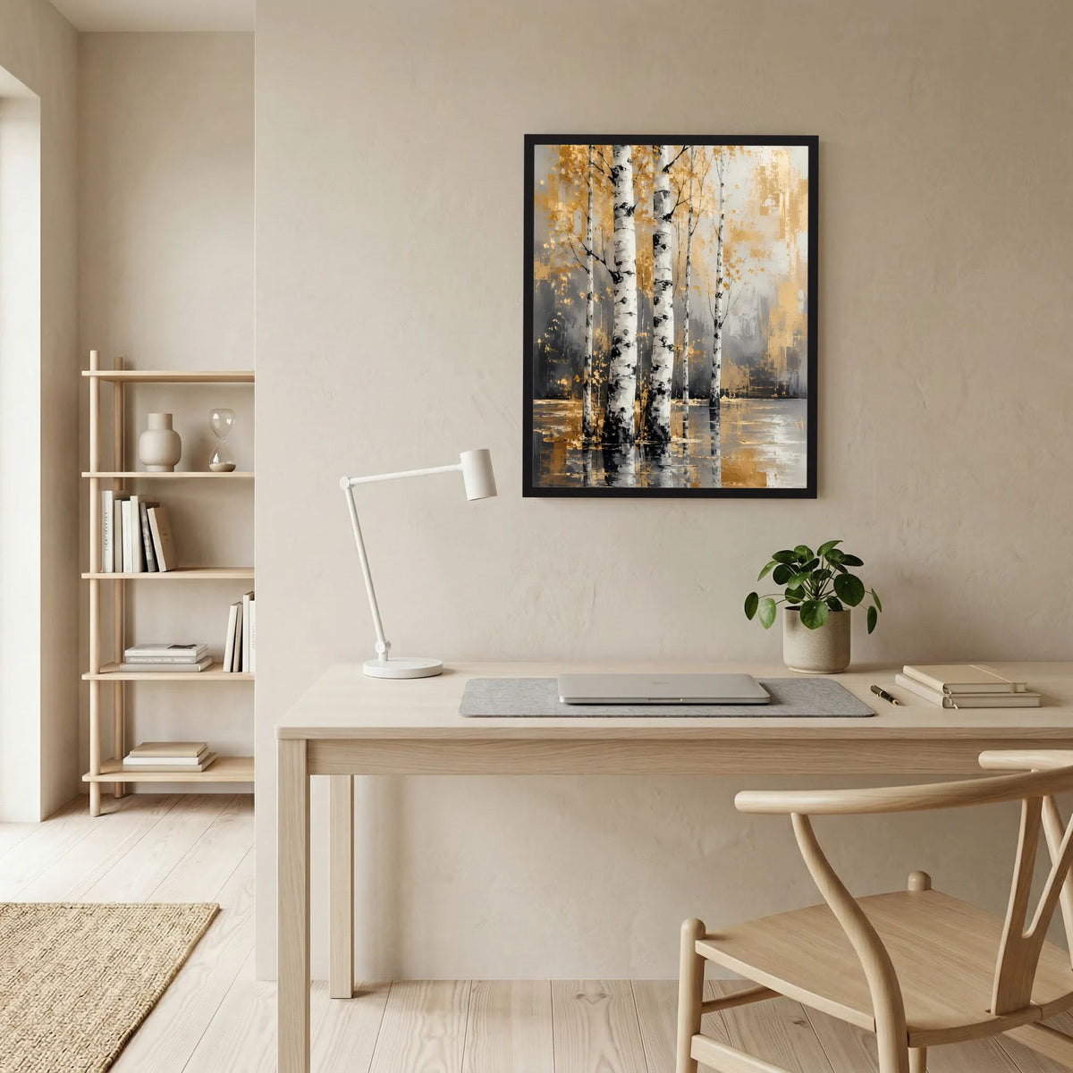 Wandposter mit abstrakten Birken: helle Stämme in Weiß, Schwarzsprenkel und goldene Akzente