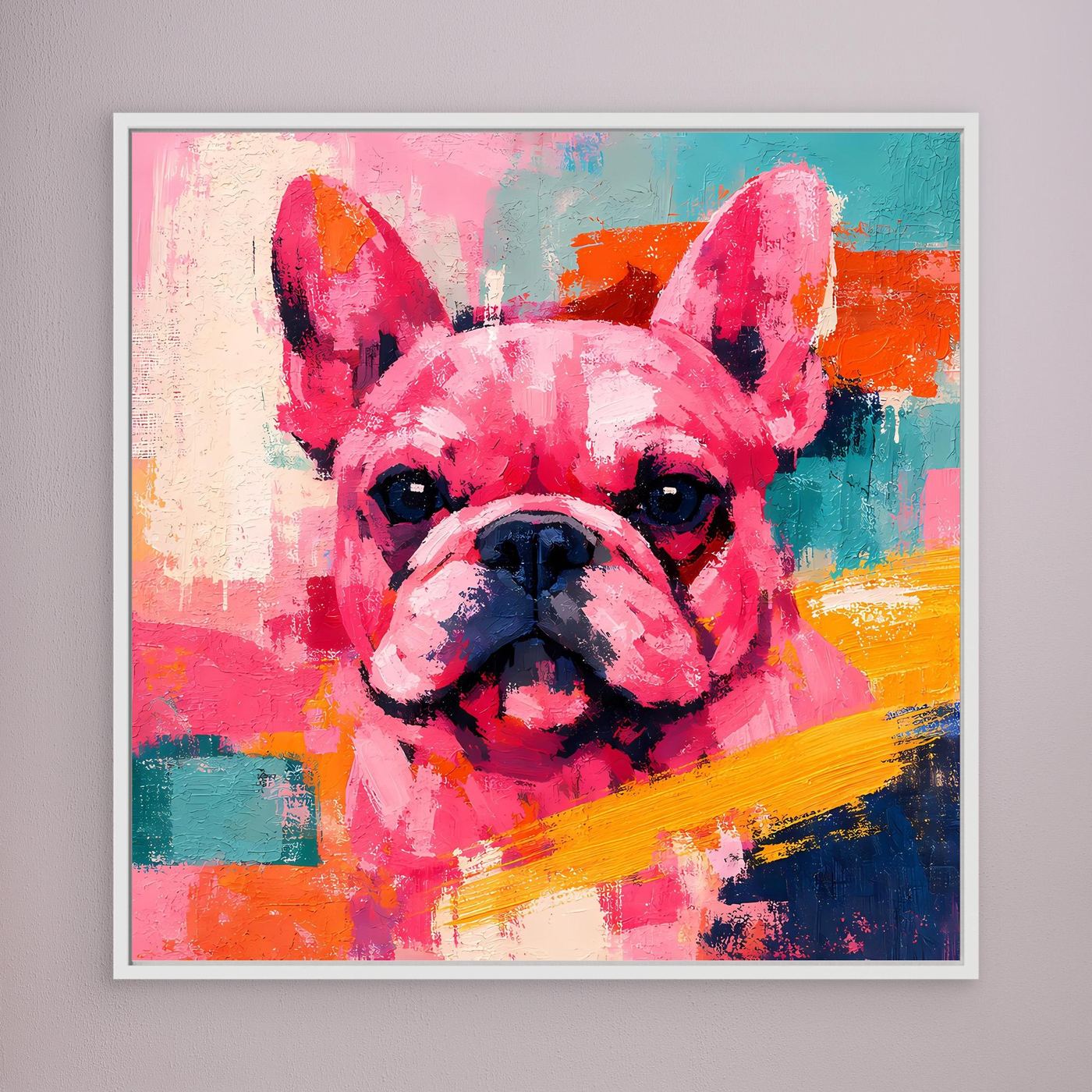 Leinwandbild mit Pop-Art Französischer Bulldogge, farbiges Portrait, quadratisch, heller Rahmen
