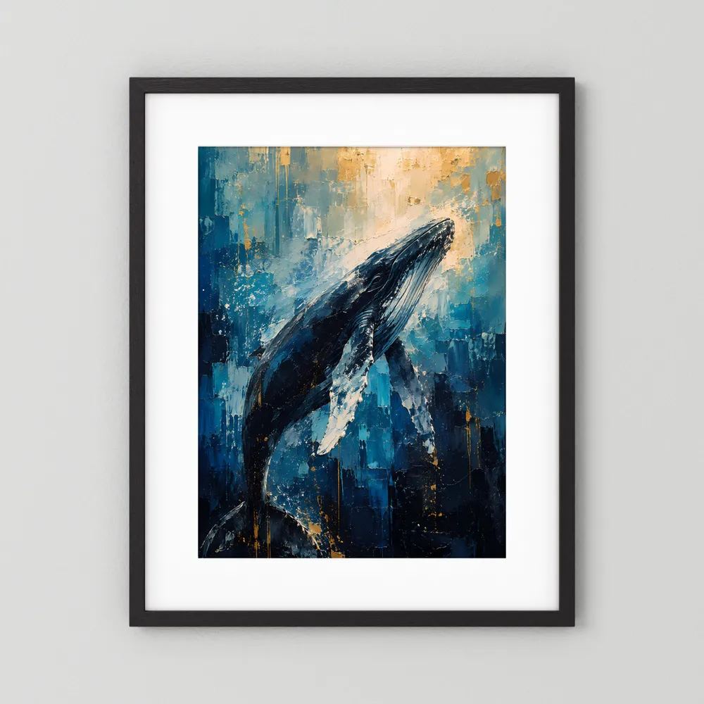 Poster im Hochformat mit Buckelwal in Blau und Gold, abstrakt, schwarzer Rahmen mit Passepartout.