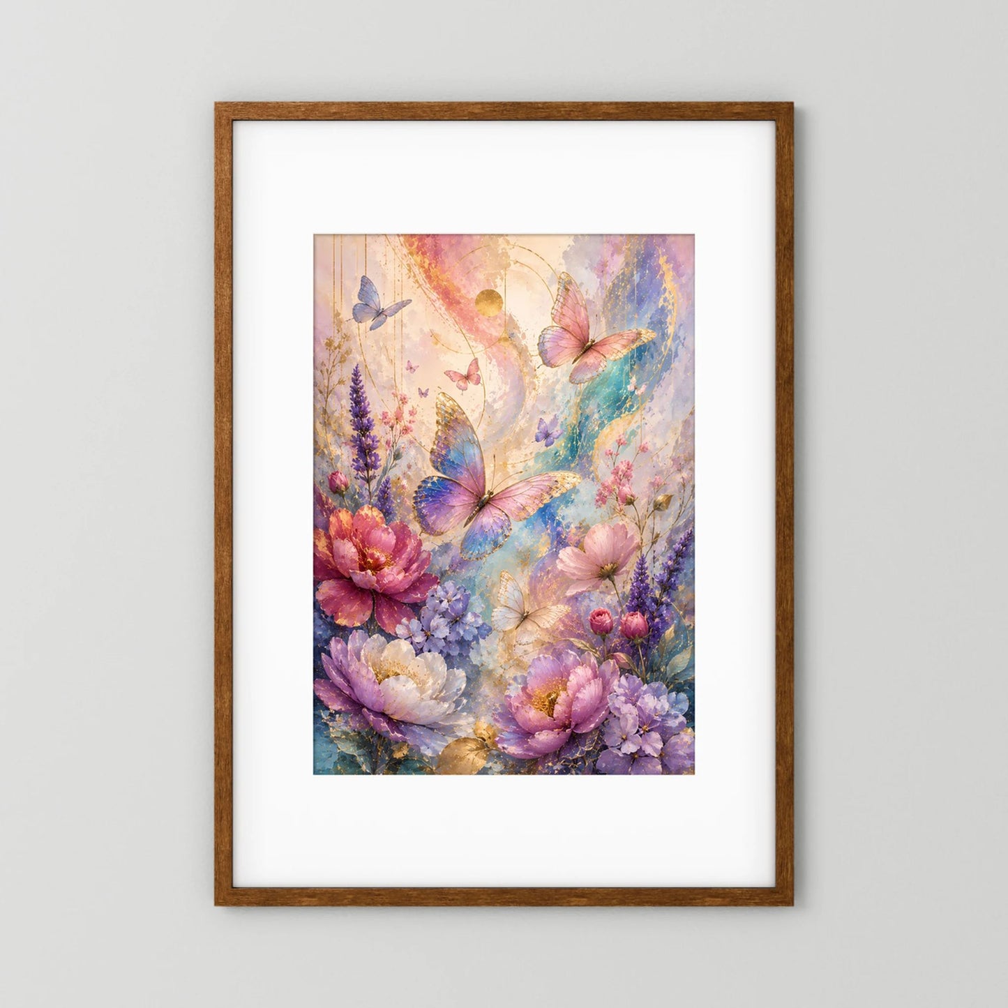 Hochformatposter mit Schmetterlingen und Blumen in Pastelltönen, braunem Holzrahmen