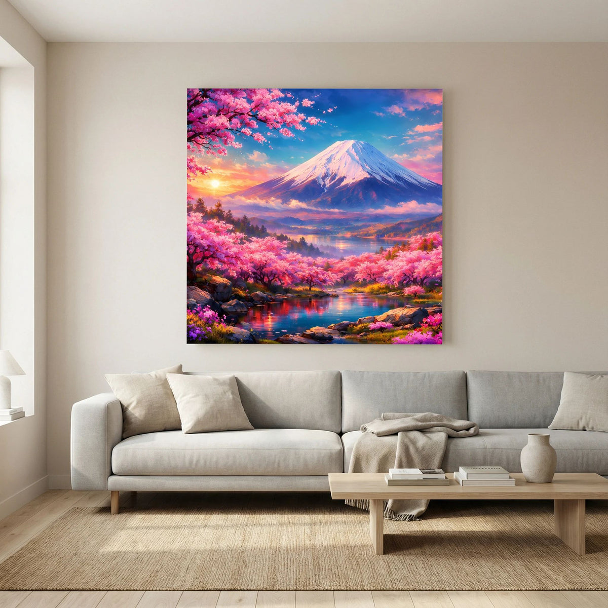 Quadratisches Leinwandbild auf Holzkeilrahmen mit Fuji, Kirschblüten und Sonnenuntergangsstimmung