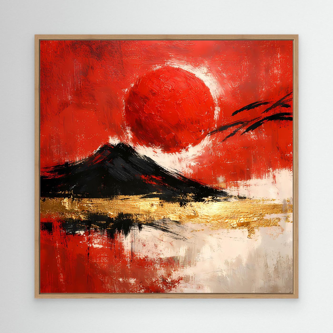 Leinwand Abstraktes Japan Wandbild in Rot und Gold | Modernes Fuji & Rote Sonne Gemälde