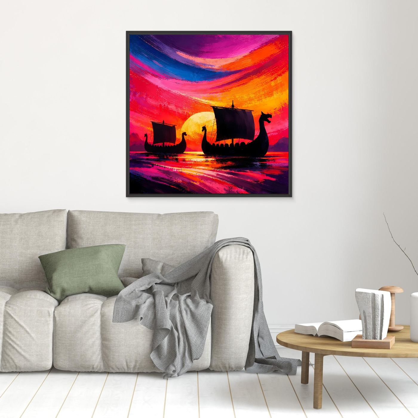 Leinwand-Wandbild mit Wikingerbooten und Sonnenuntergangsfarben, mit schwarzem Rahmen
