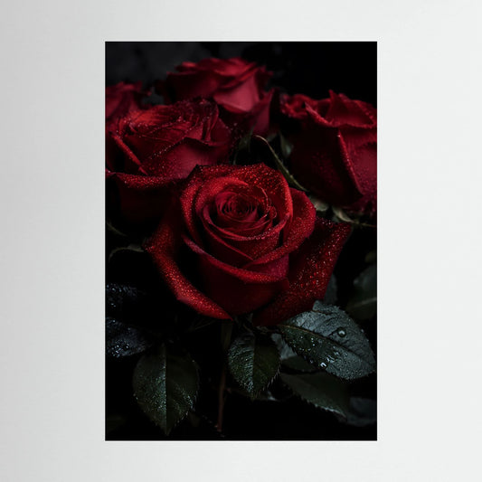 Hochformatiges Rosen-Poster mit dunkelroter Rose, Blütenblättern und Tautropfen