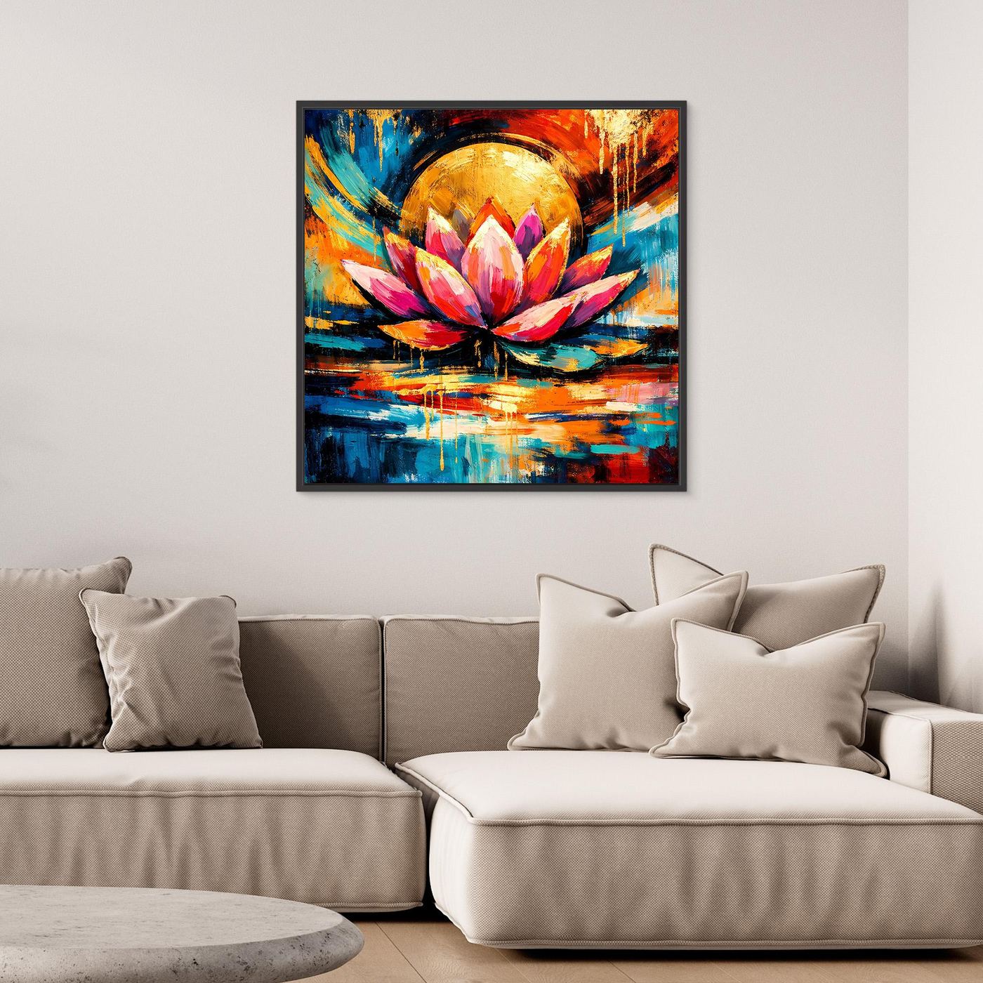 Gerahmtes Pop-Art Leinwandbild mit Lotusblüte, goldenem Ring, türkis-blauen und roten Akzenten