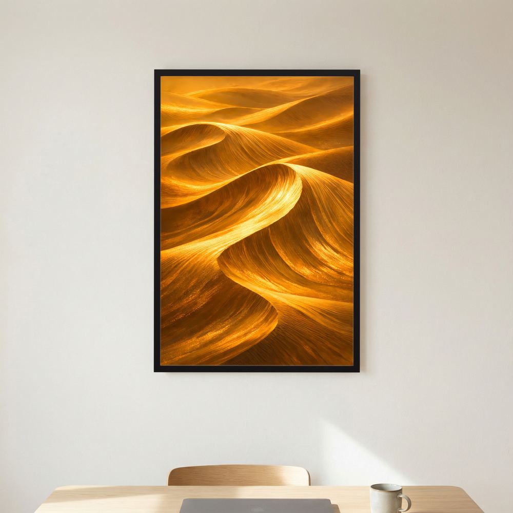 Wüstenlandschafts-Poster mit schwarzem Rahmen, abstrakte goldene Sanddünen