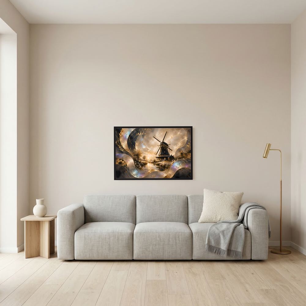 Poster mit Windmühle, dunkel gerahmt, abstrakte Gold-Perlmutt-Landschaft