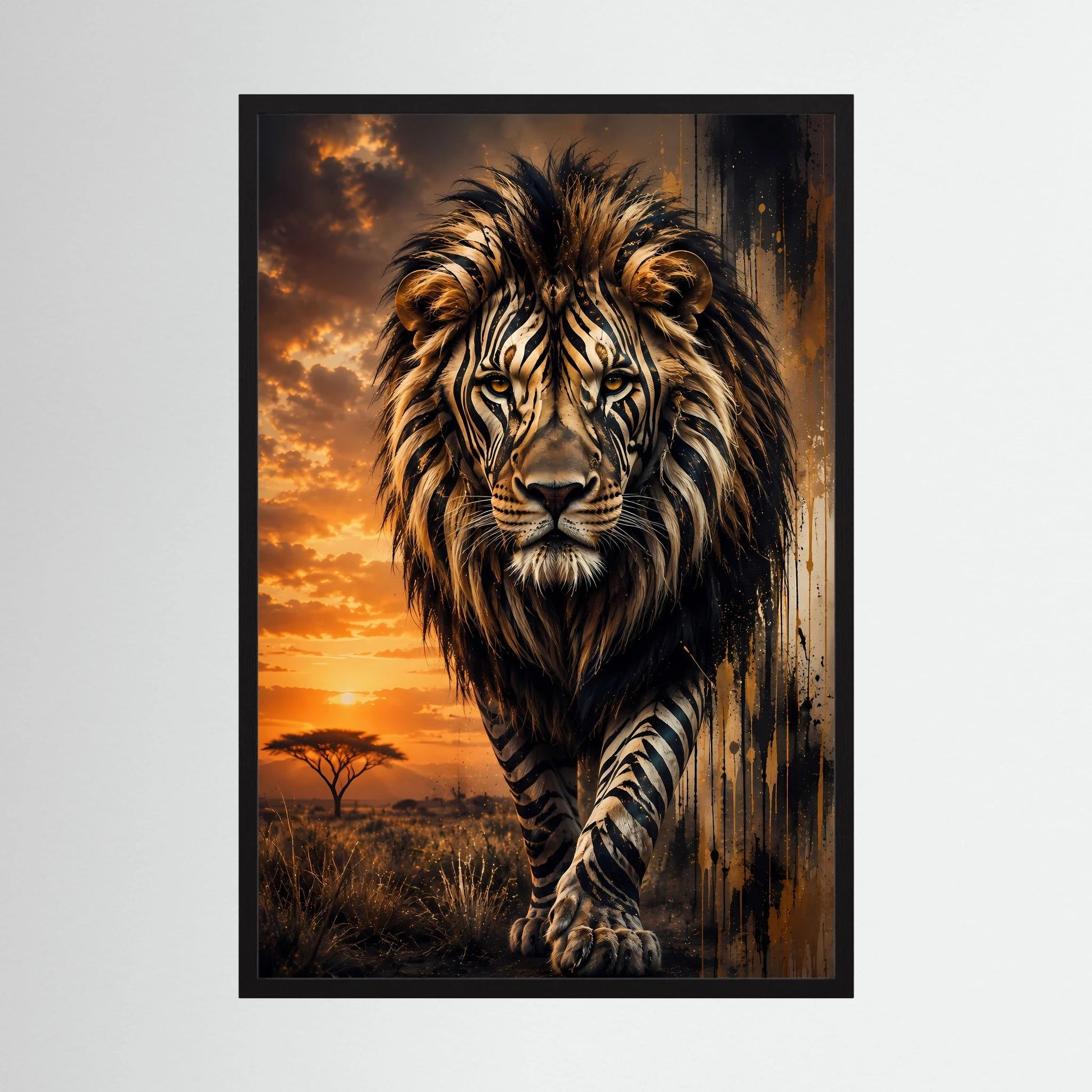 Löwenposter im Hochformat mit schwarzem Rahmen: Löwe mit Zebramuster