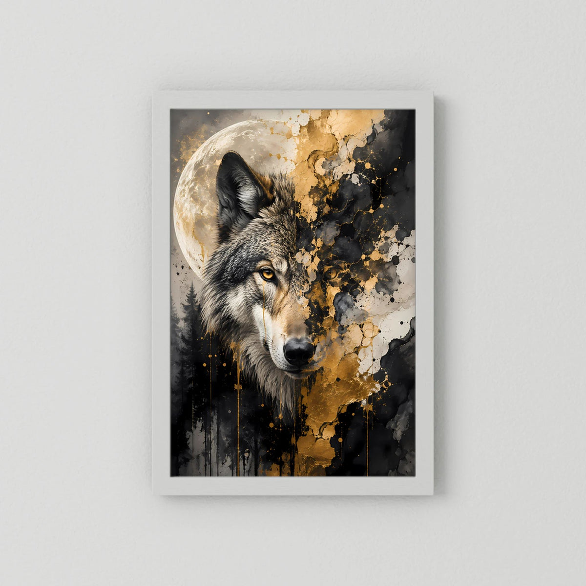 Hochformatiges Poster mit Wolf und Mond, abstrakt in Schwarz und Gold, weißer Rahmen