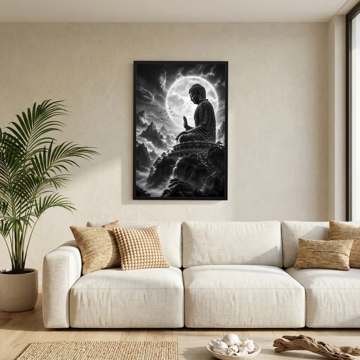 Hochformat-Poster mit Buddha in Mondschein, Schwarz-Weiß-Landschaft mit Bergen, im schwarzen Rahmen