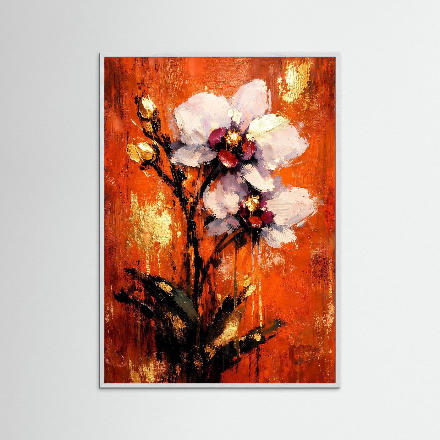 Gerahmtes Orchideen-Kunstposter: helle Holz-Einfassung, orangefarbener Hintergrund, weiße Blüten