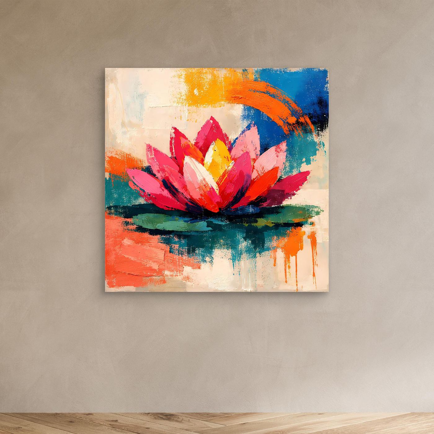 Small framed abstract lotus painting with pink petals, yellow center, and blue-orange strokes.