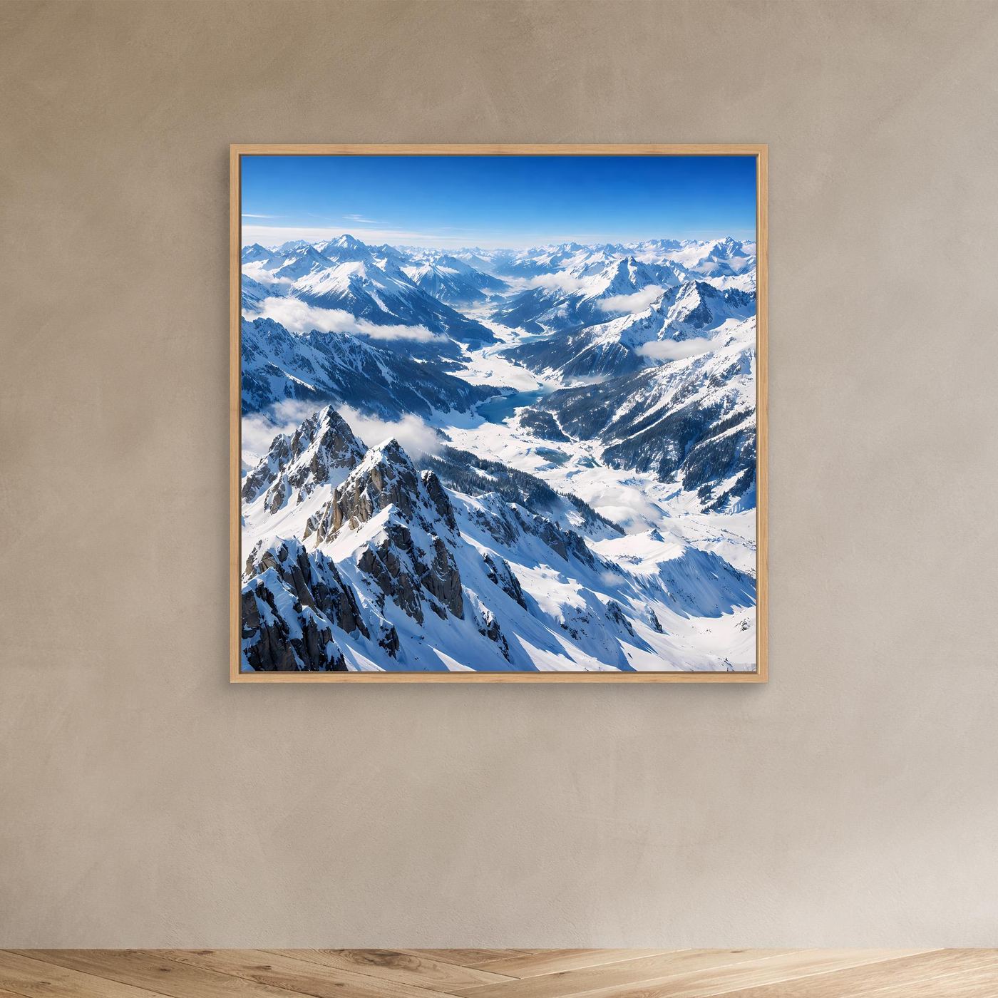 Leinwandbild Panorama Alpen mit schneebedeckten Bergen, Holzrahmen (Eiche)