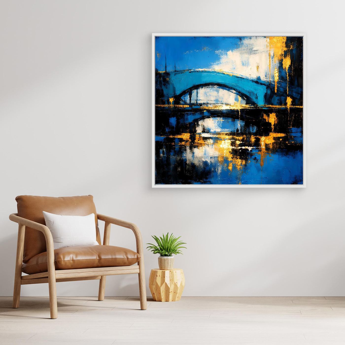 Abstraktes Leinwandbild mit Brücke in Blau und Gold, mit hellem Rahmen.