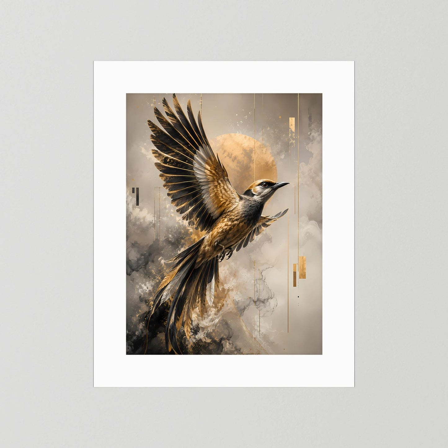 Hochformat-Kunstposter: Paradiesvogel im Flug, Schwarz-Gold, weiße Einrahmung mit Passepartout