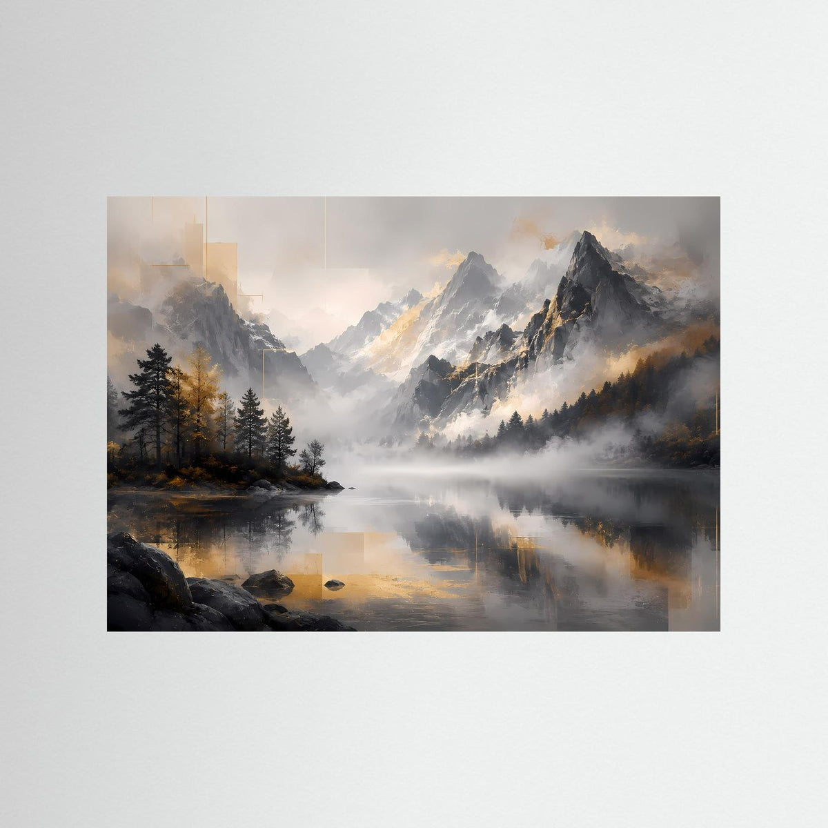 Querformatiges Poster: nebliger Bergsee mit Bergen und Tannen, Grau, Schwarz, Gold.