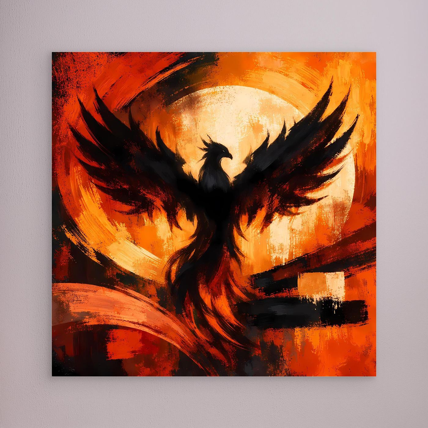 Leinwandbild mit Phönixmotiv, schwarze Flügel vor warmen orange-roten Pinselstrichen