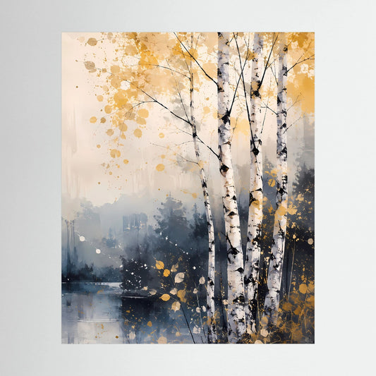 Poster mit abstrakten Birken am See, Hochformat, goldene Sprenkel und dunkler Himmel