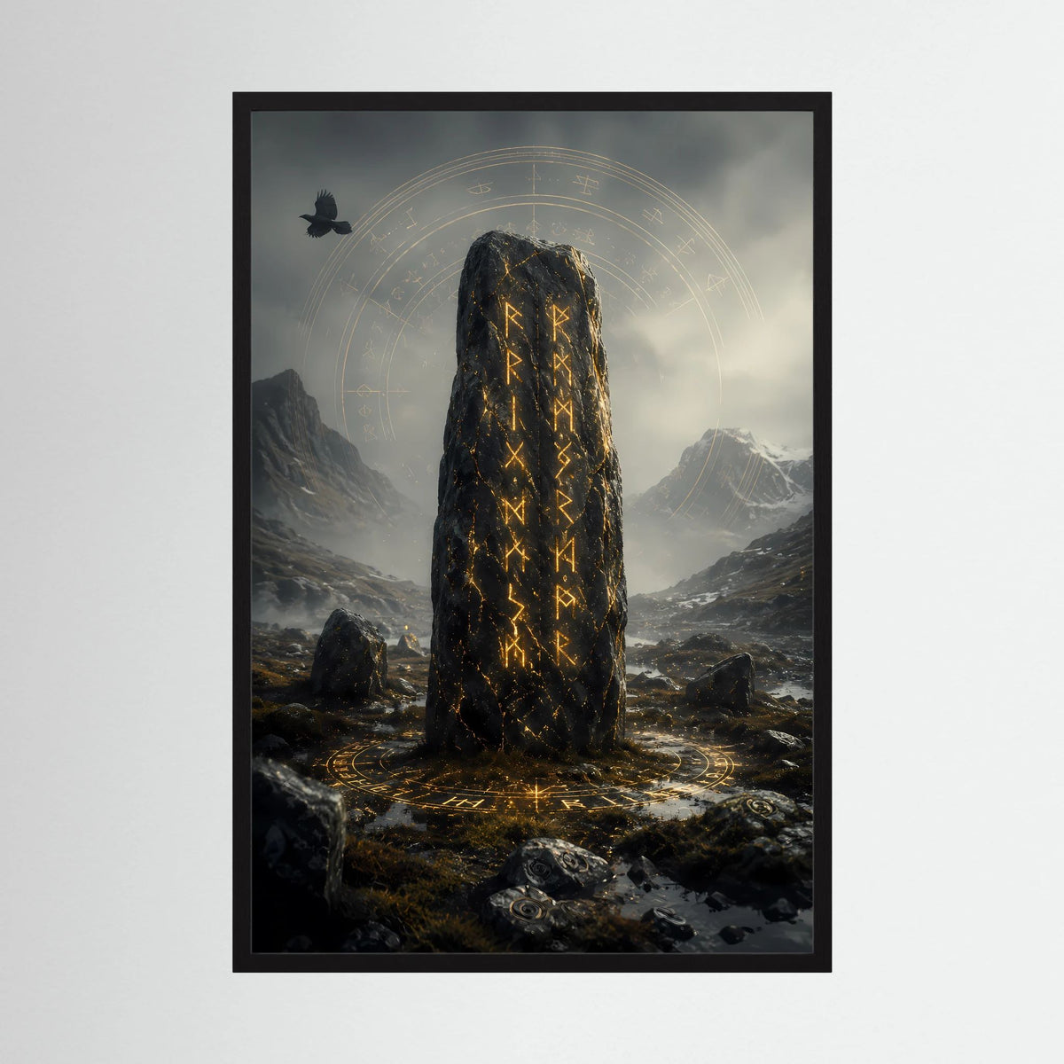 Hochformat-Poster im schwarzen Rahmen: Runenstein mit goldenen Zeichen und Runenkreis.