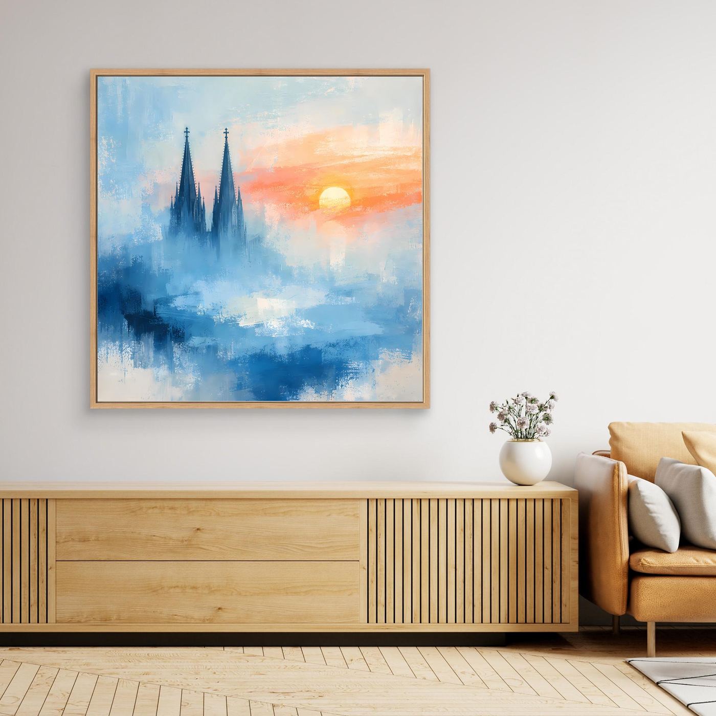 Kölner Dom Silhouette in Nebelblau | Moderne Abstrakte Leinwand mit Sonnenaufgang