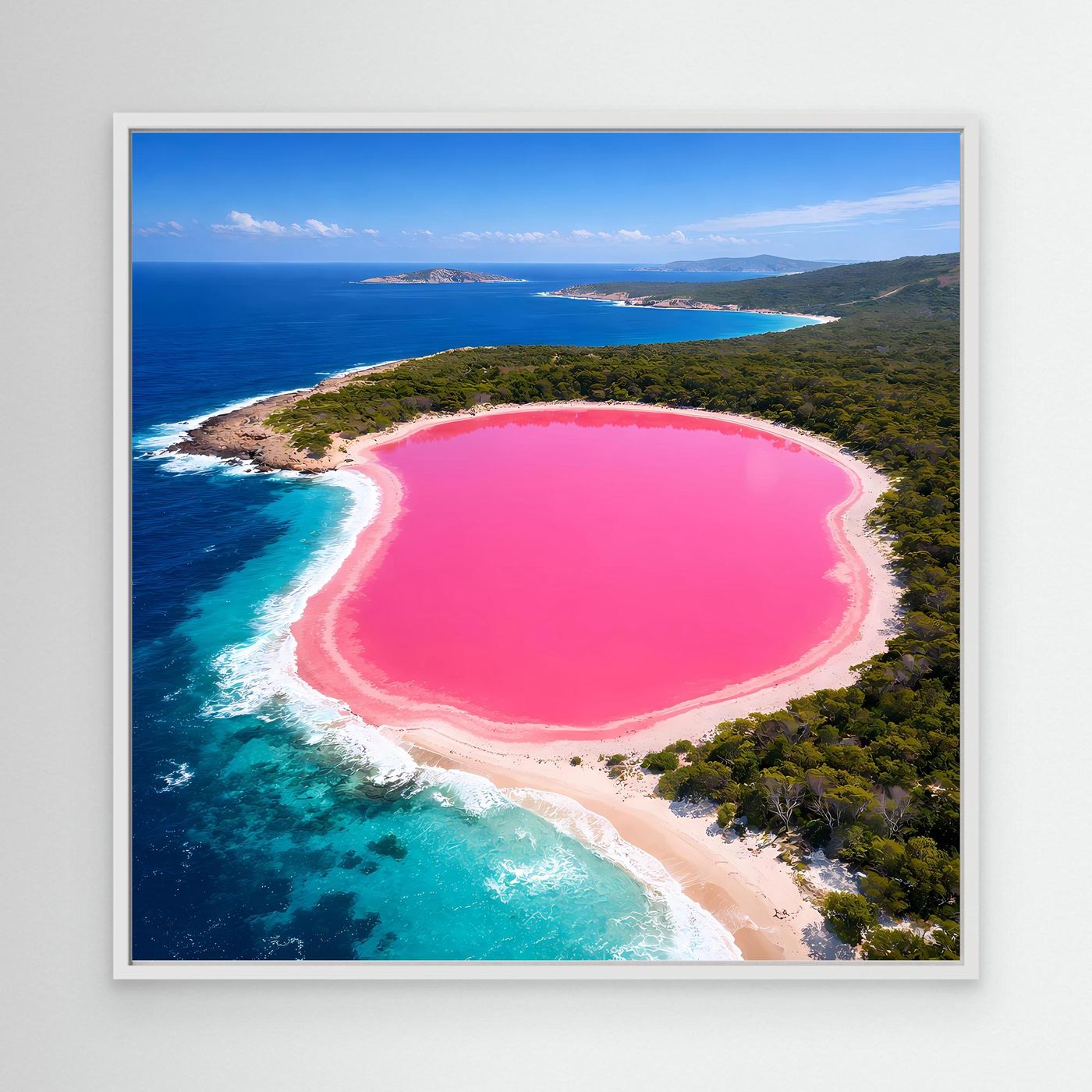 Leinwandbild mit rosa See und Küstenlinie im Querformat, weißer Rahmen