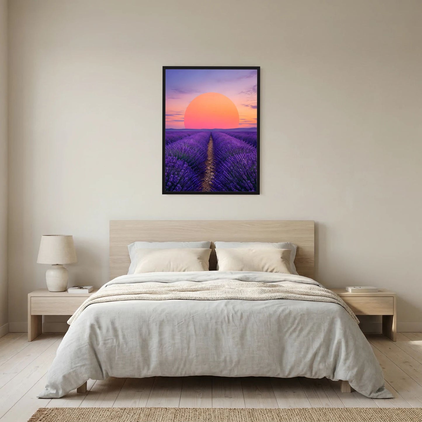 Schwarz gerahmtes Poster im Hochformat: violettes Lavendelfeld mit großer orangefarbener Sonne
