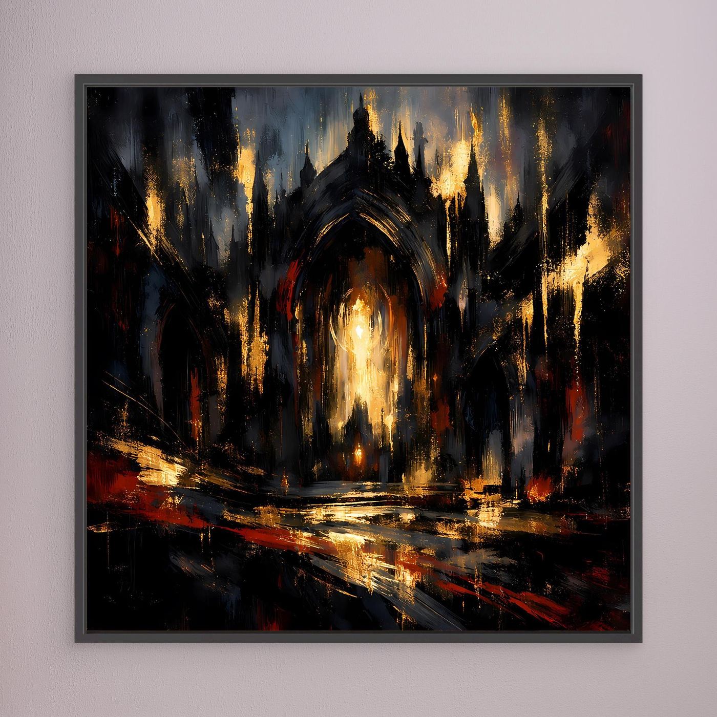 Leinwandbild mit abstrakter gotischer Kathedrale, tiefes Dunkel und goldene Lichtstrahlen im dunklen Rahmen