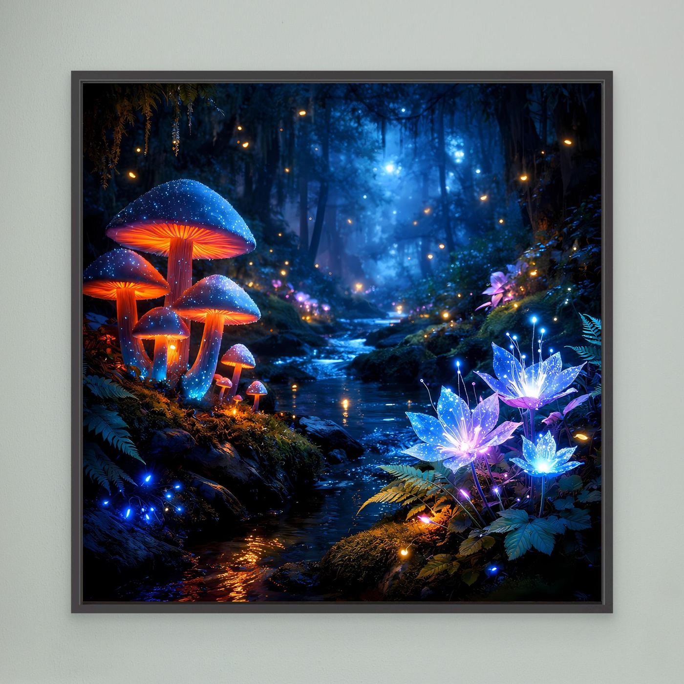 Leinwandbild mit leuchtendem Fantasy-Wald, Pilzen und blauen Lichtakzenten, schwarz gerahmt