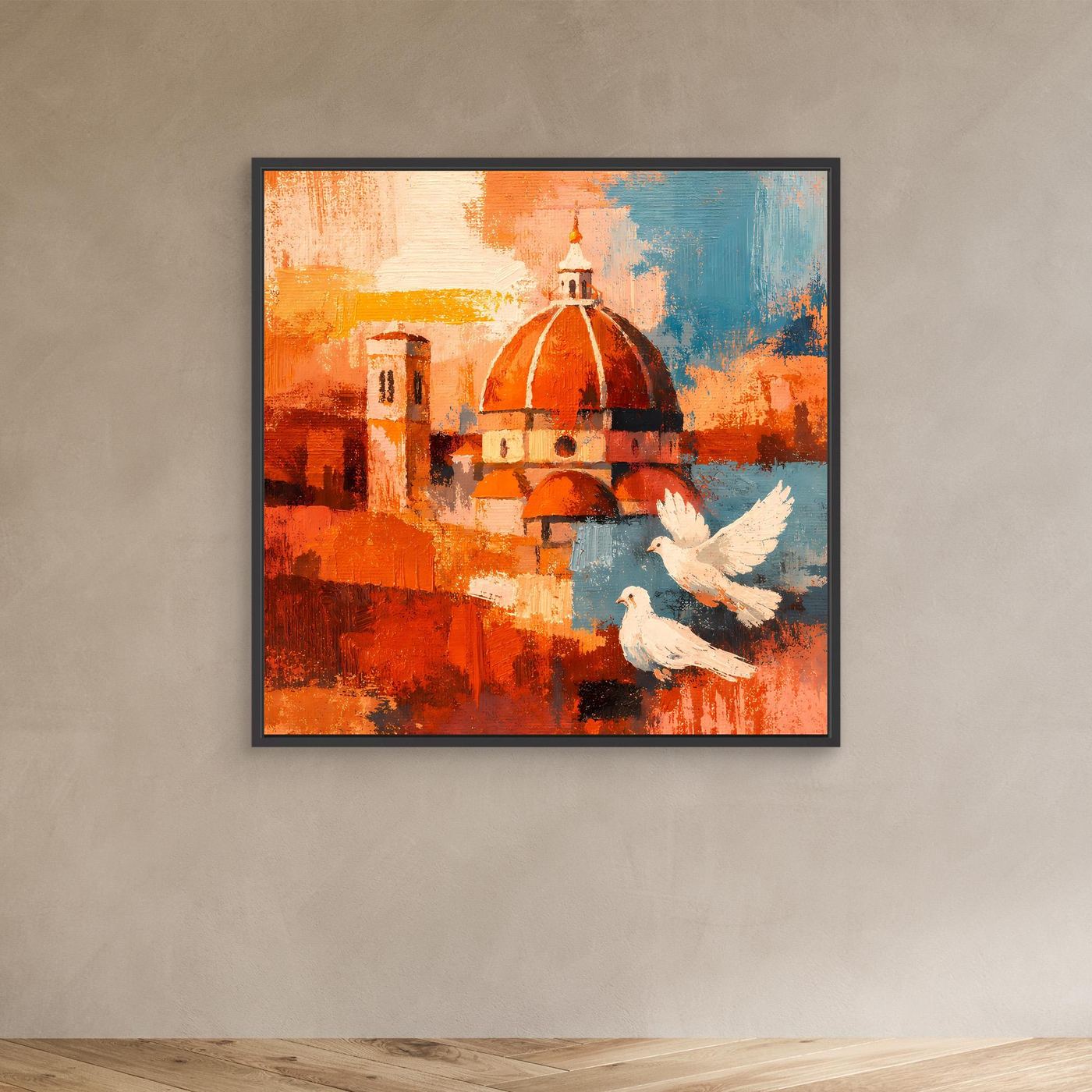 Abstraktes Wandbild mit Florenz-Dom und Tauben, Leinwand mit dunklem Rahmen