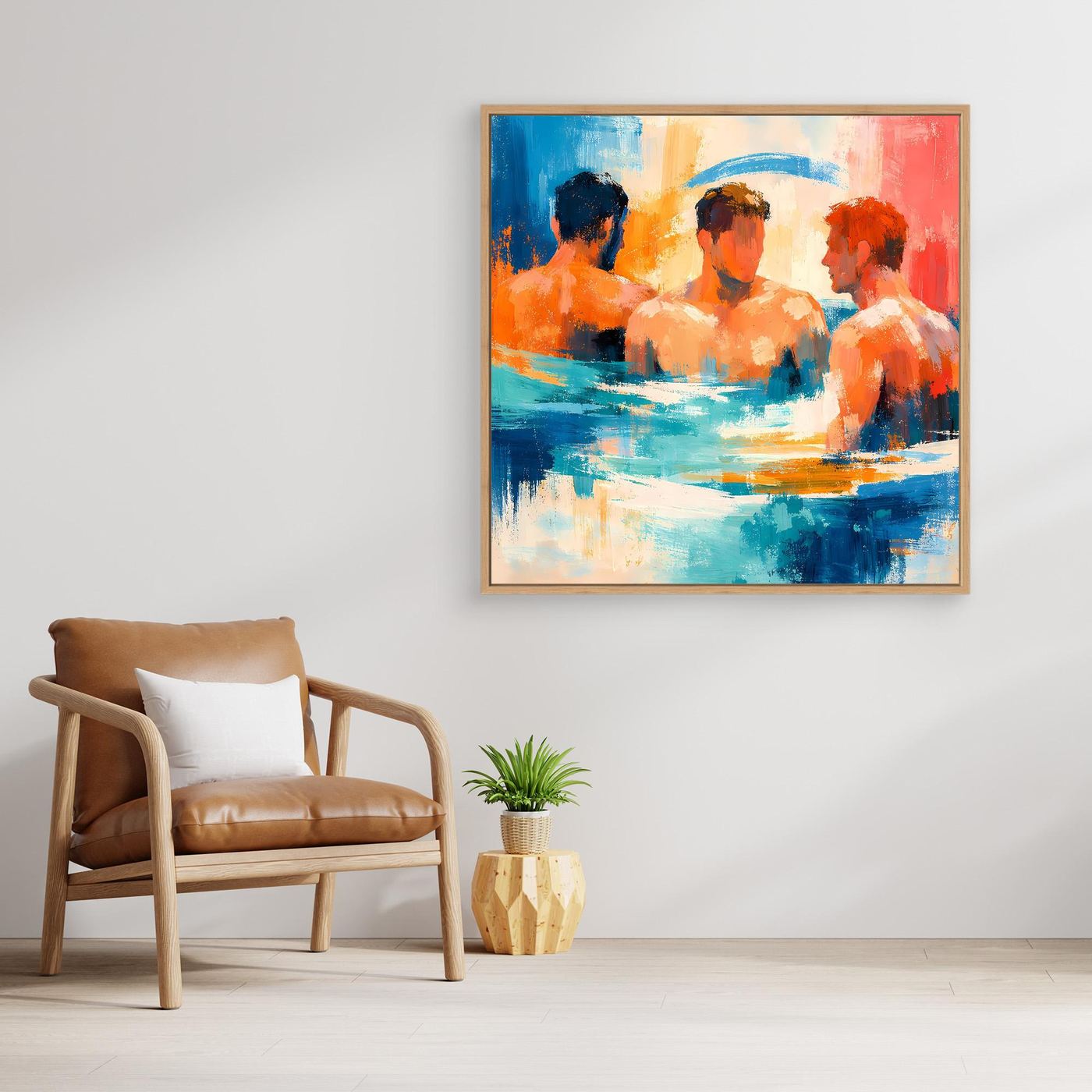 Abstract canvas wall art with oak frame: swimmers in blue and orange water