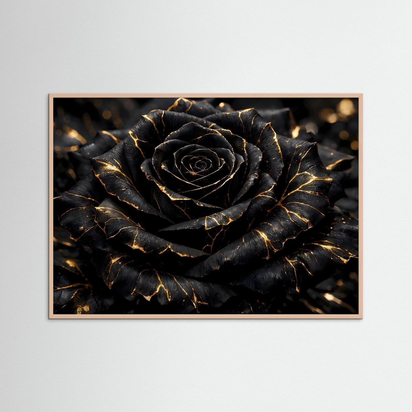Wandbild mit schwarzer Rose und goldenen Adern im hellen beigen Rahmen